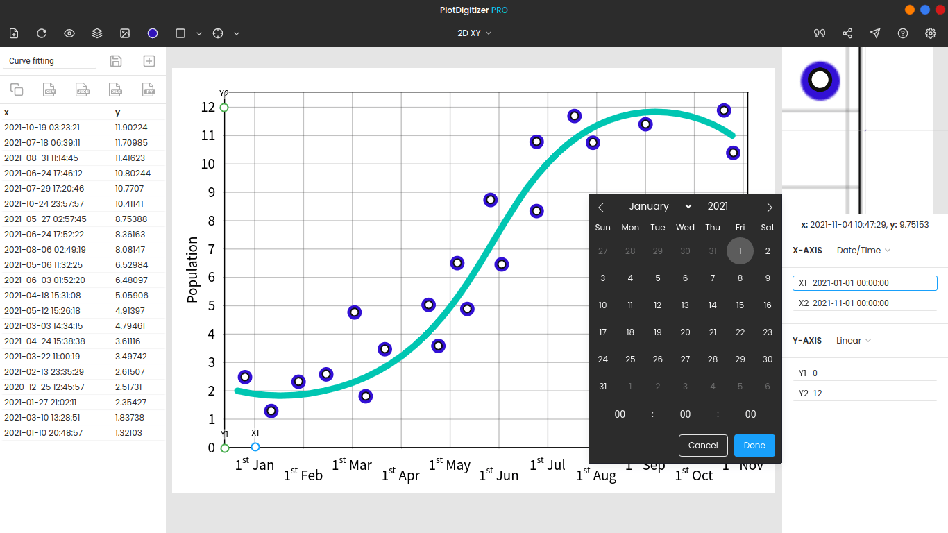 Date/time picker for axis scale is available in PlotDigitizer Pro